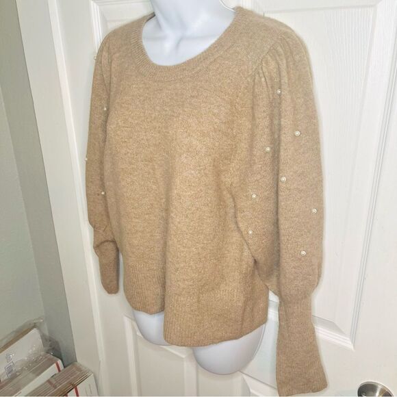 CeCe Tan Crew Neck Pearl Knit Embellished Sweater Long Balloon Sleeves S - Picture 5 of 9